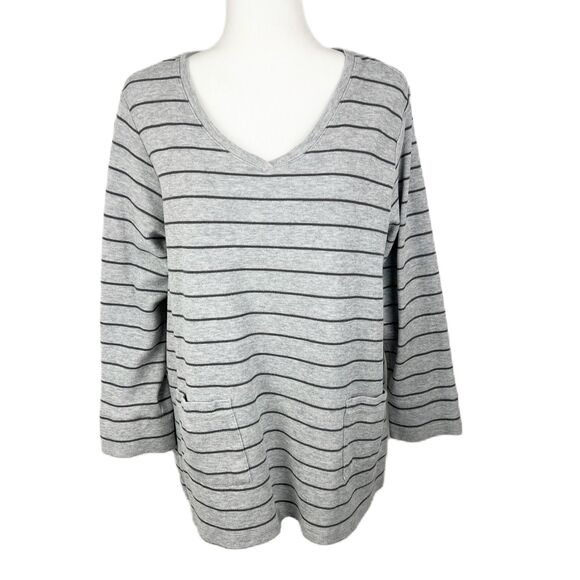 J Jill Sweater Women Extra Large Grey Striped Knit V-Neck Pullover Front Pockets - Picture 1 of 13
